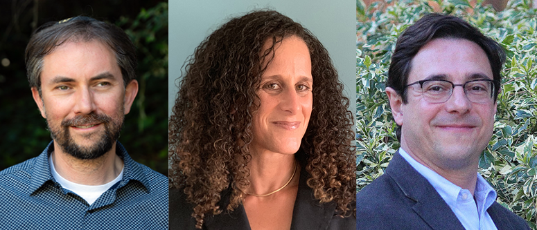 Collage of three headshot color photos of Ethan Katz (left), Sarah Abrevaya Stein (center), and Dov Waxman (right). All speakers have a light skin tone and brown hair. Katz is smiling into the camera and wearing a blue collared shirt. Abrevaya Stein is smiling and wearing a black shirt. Waxman is smiling and wearing a light blue collared shirt and dark grey blazer.