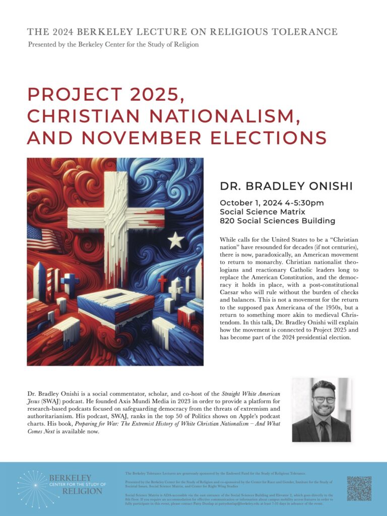 Graphic poster featuring an image of a Christian style cross flanked by red and blue abstract election related imagery. The poster includes the title of the talk and a brief abstract.